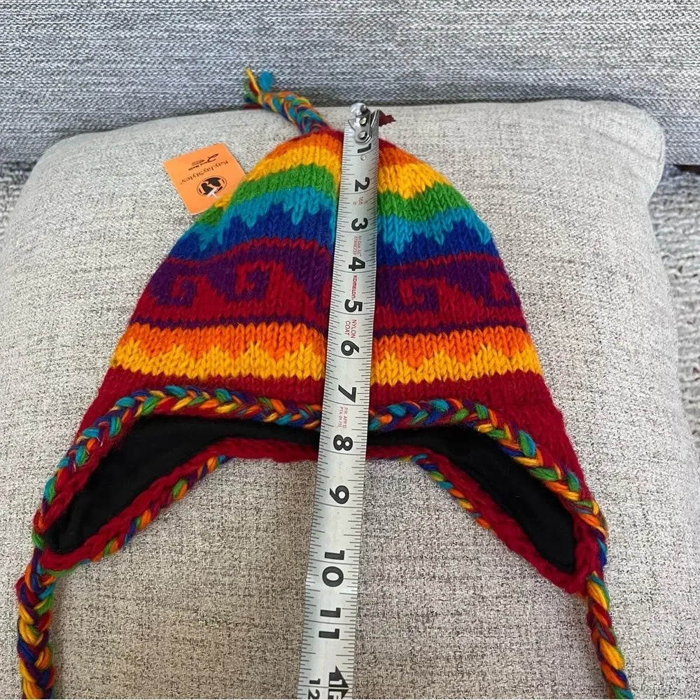 Wool Rainbow Nepal Hand Knit Ear Flaps Beanie